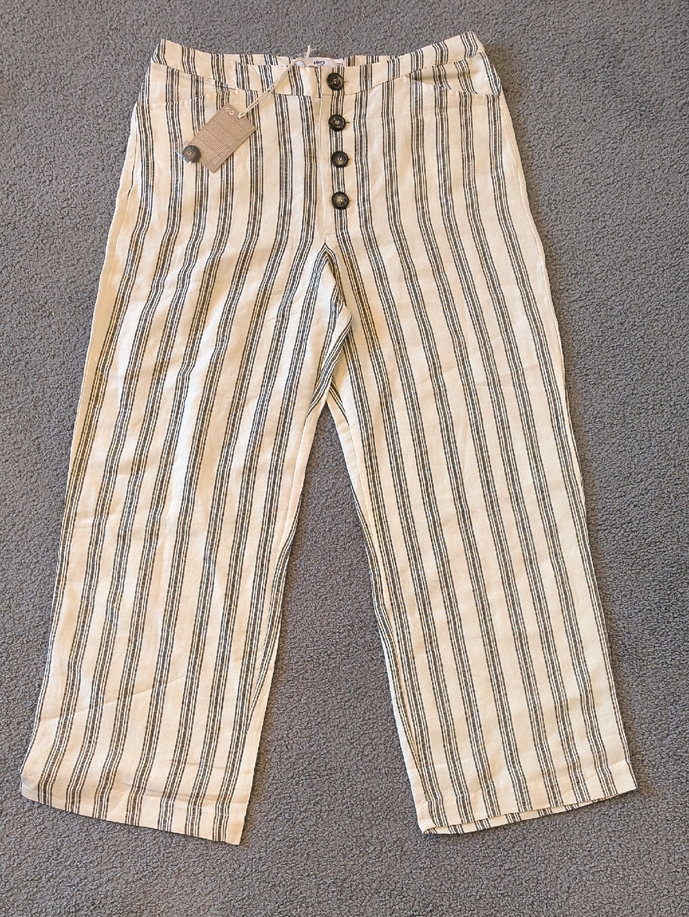 NWT- MNG Linen Blend Cream and Black Striped Wide-Leg Pants. Button Up